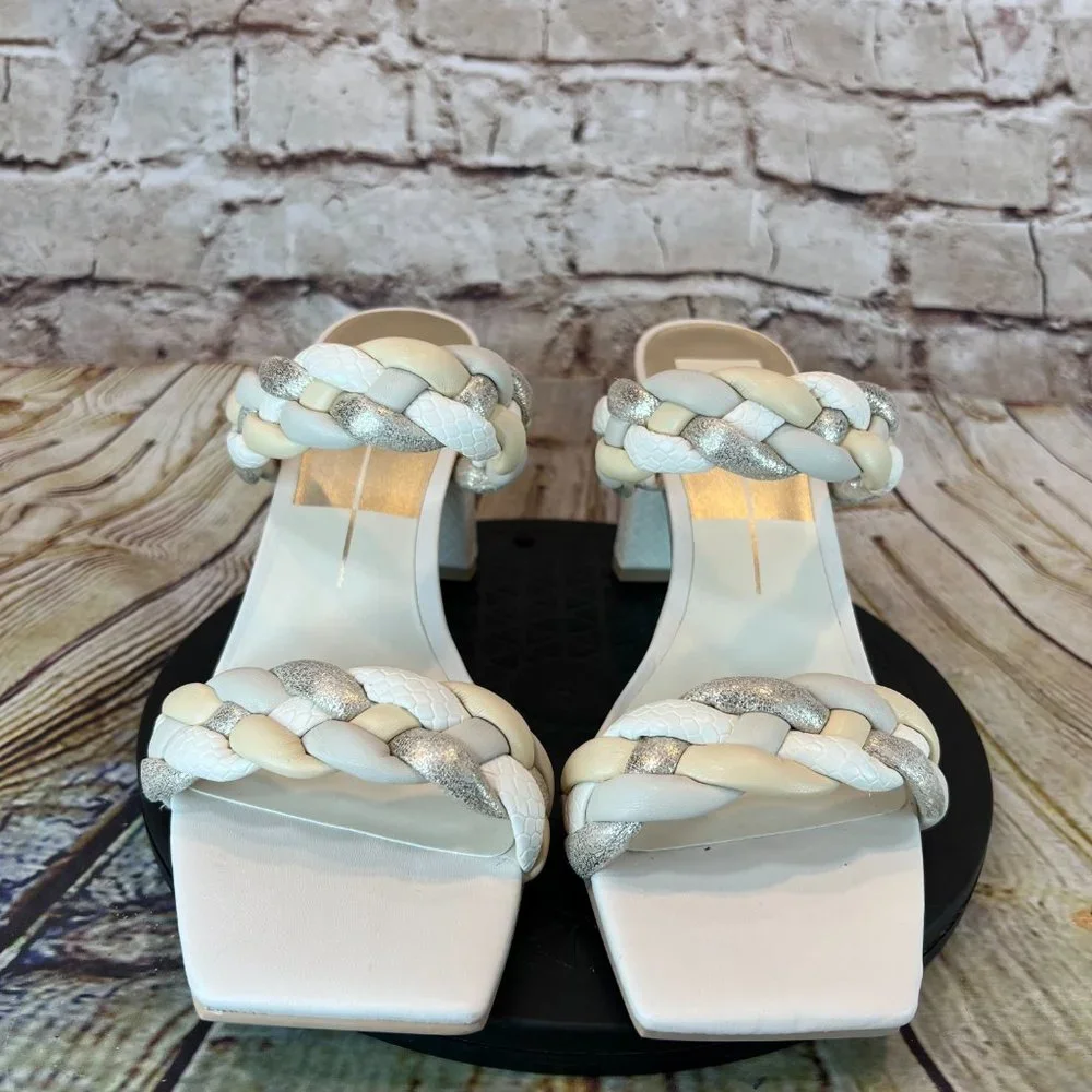 Dolce Vita Braided White Ivory Silver Strap Open Square Toe Block Heels Size 9.5 - Picture 2 of 8